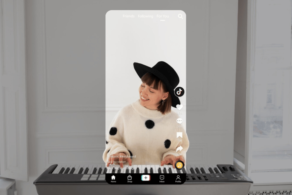 A person wearing a hat on a keyboard in front of a mirror.