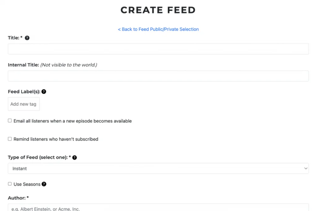 Screenshot of a "Create Feed" form with fields for title, internal title, tags, notification options, feed type, and author details.