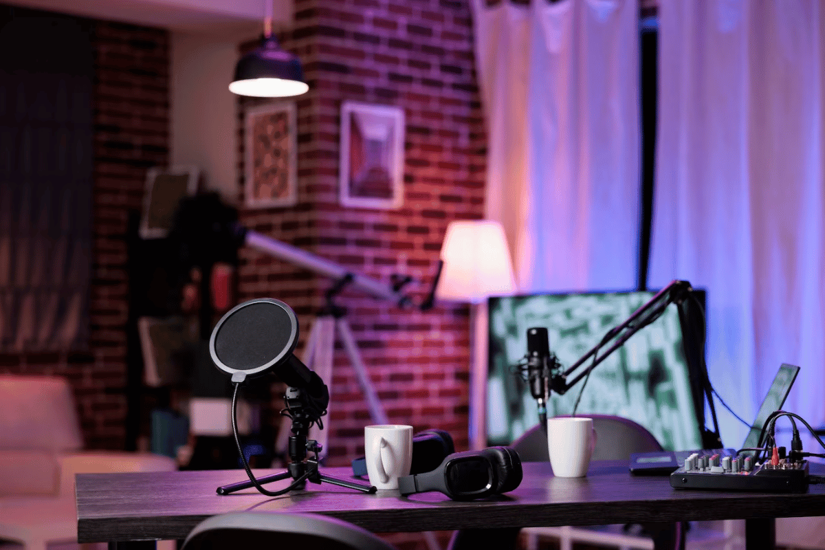 Home podcasting studio setup with microphone and headphones on a desk, illuminated by soft lighting.