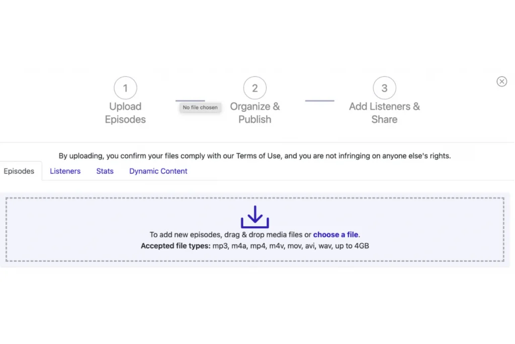 Screenshot of a podcast episode upload interface, showing upload instructions and accepted file types, with no file currently chosen.