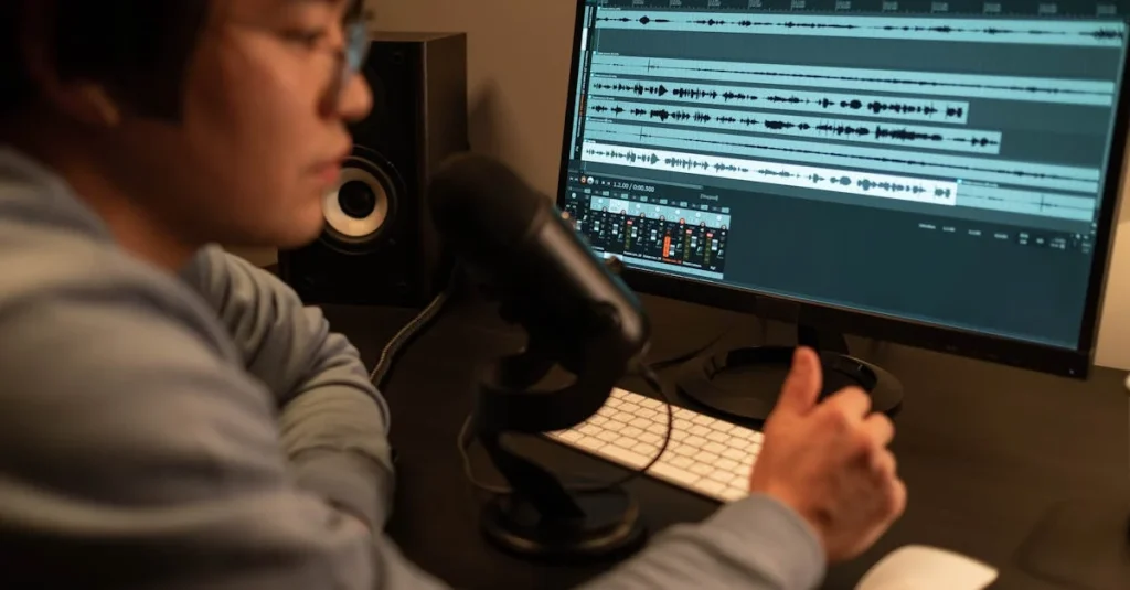 A person is seated at a desk with a microphone, viewing audio editing software on a computer screen. 