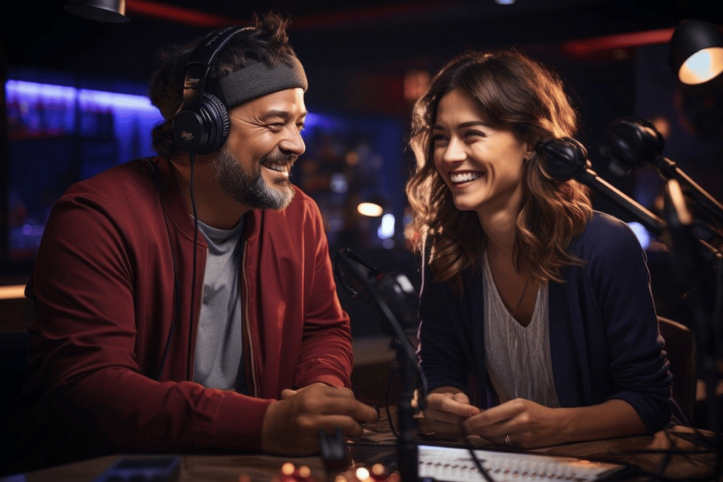 Happy podcast duo wearing headphones at a studio desk.