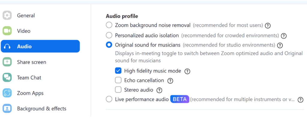 Audio profile settings page with options for volume, balance, and equalizer settings.