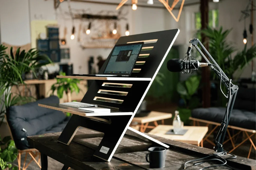 Modern home office setup with a laptop on a stand, microphone, and vibrant plants creating a productive workspace.