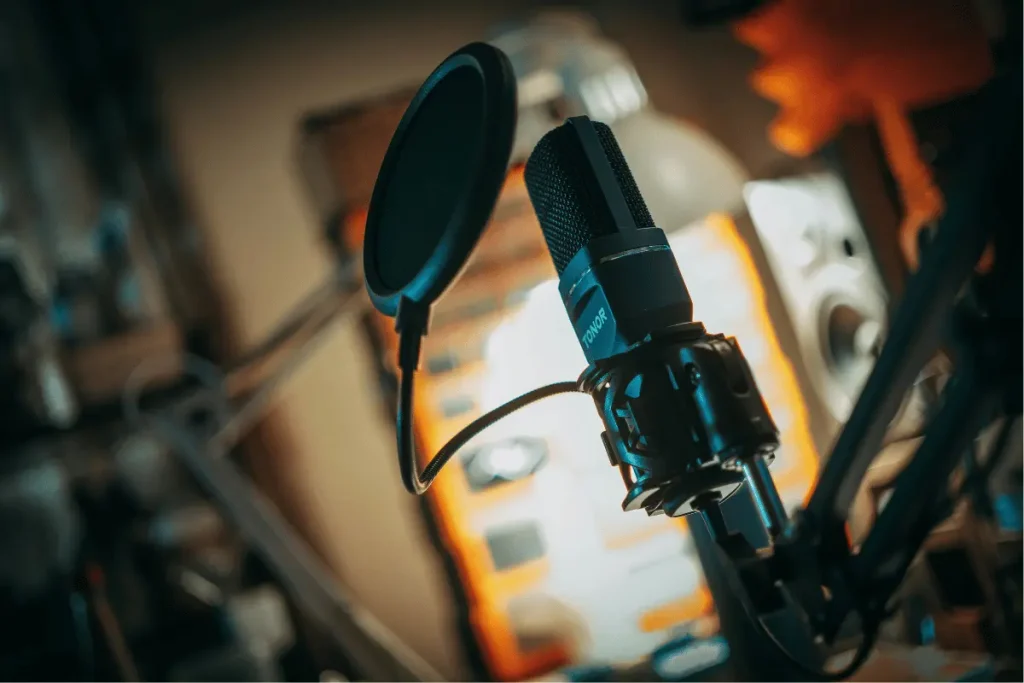 Professional microphone and pop filter in a music recording studio.