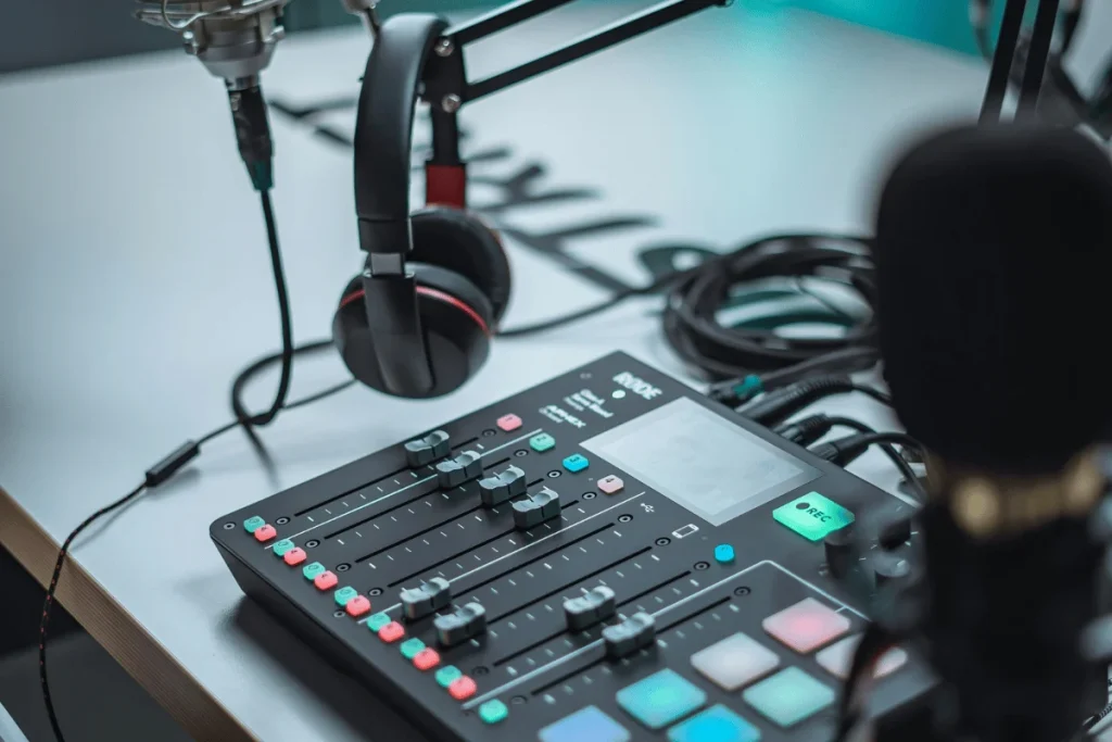 Professional podcast setup with a Rode audio mixer, microphone, and headphones.