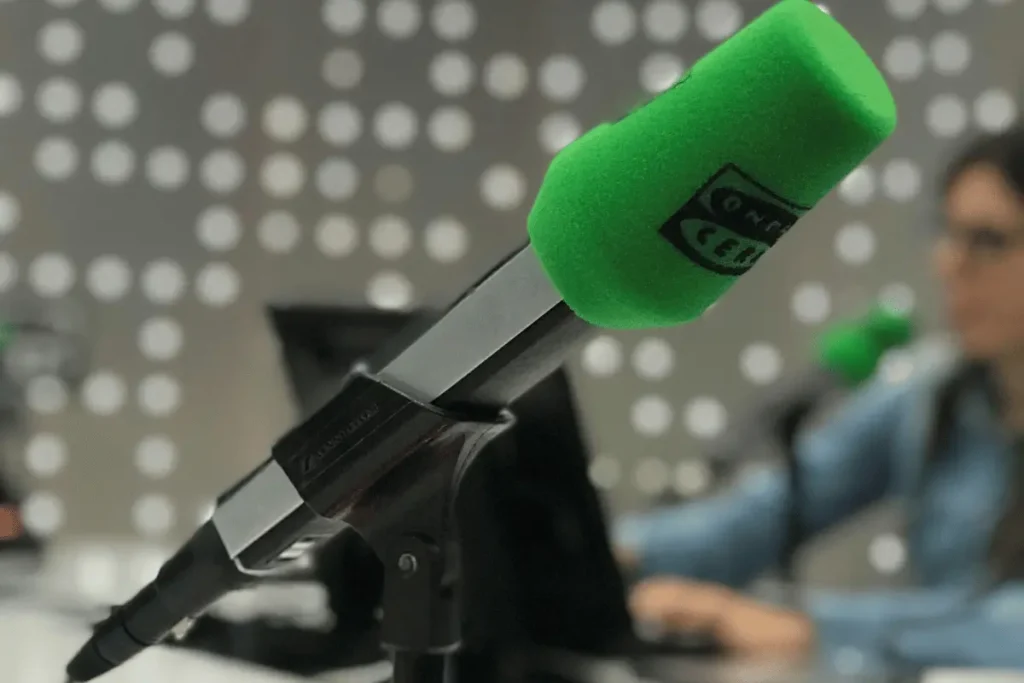 Close-up of a green foam-covered microphone in a recording studio with blurred background.