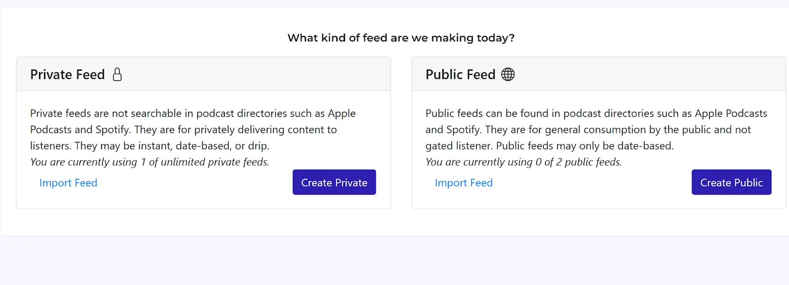 User interface with options for creating a Private or Public Feed for podcasts.