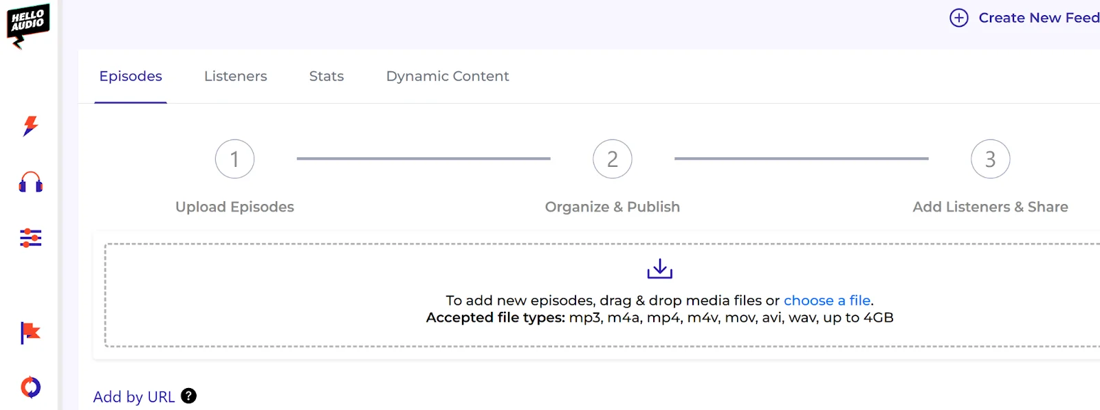 A podcast uploading interface with steps for episode uploading, organization, and sharing.