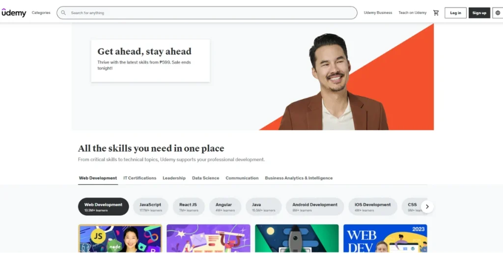 Screenshot of Udemy website with course categories like Web Development and IT Certifications.