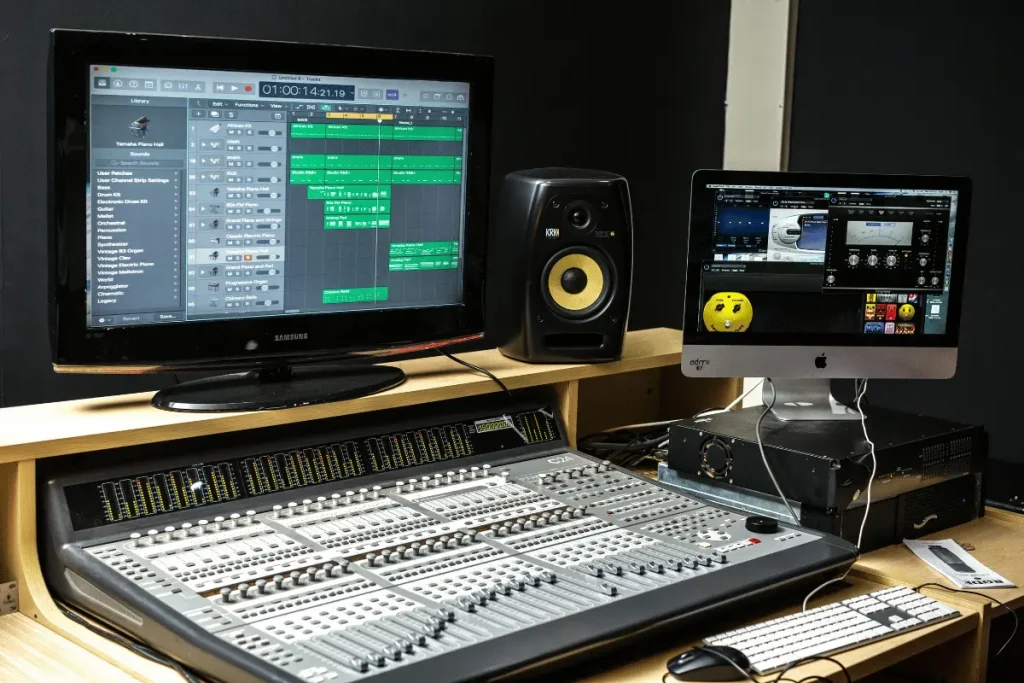 Audio mixing console with a monitor displaying a music project.