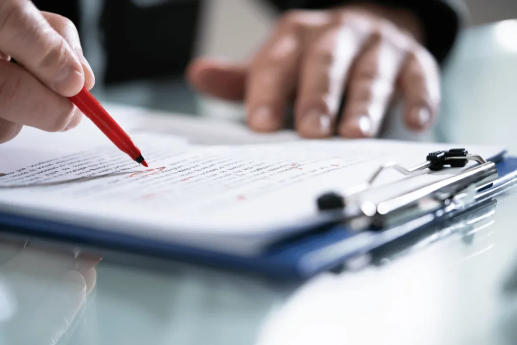 Close-up of a hand using a red pen to mark a document on a clipboard.