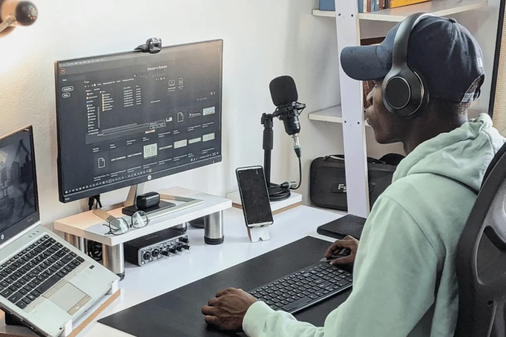 Content creator in a home studio editing a podcast on a desktop setup with a microphone and multiple monitors.