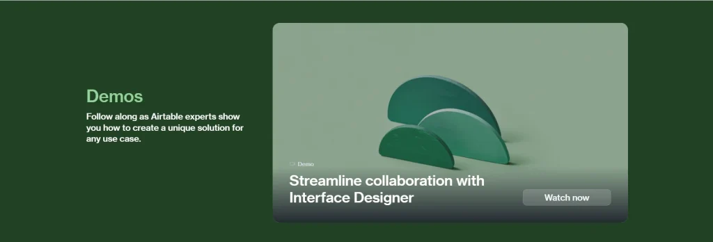 A promotional banner for Airtable demos highlighting collaboration with Interface Designer, featuring abstract green shapes.