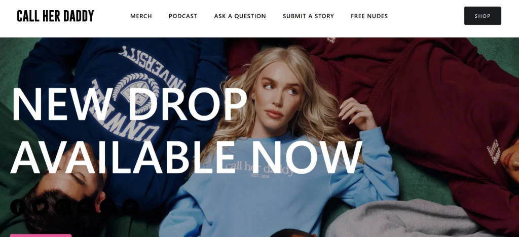 Four people in casual clothing lie on a green surface, promoting a new product drop for "Call Her Daddy" merchandise.