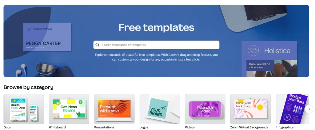 Screenshot of a design platform featuring "Free templates" header, search bar, and categories like Docs, Presentations, and Videos.