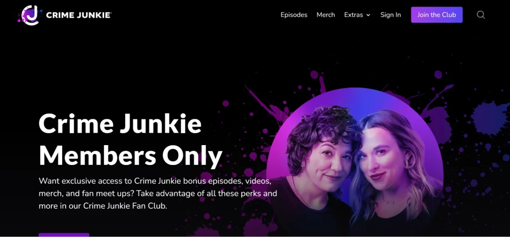 A promotional image for Crime Junkie, featuring the text "Members Only" and inviting fans to join the exclusive fan club. Purple splatter background.