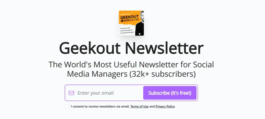 A promotional webpage for the Geekout Newsletter, highlighting its usefulness for social media managers, with a subscription form.