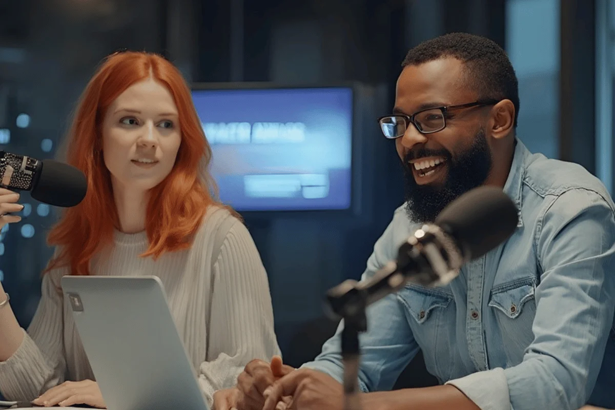 Two podcast hosts recording an episode in a studio.