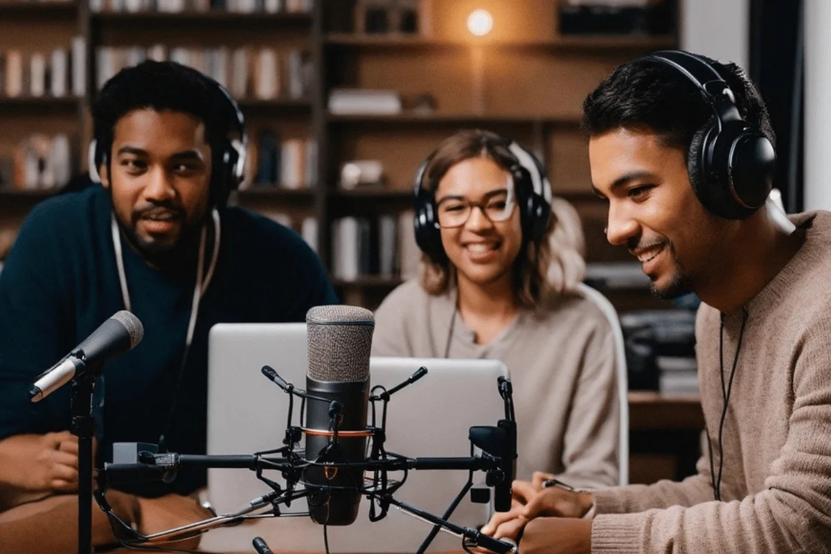 Three individuals wearing headphones are engaged in a podcast discussion, seated around a laptop with a microphone in front.