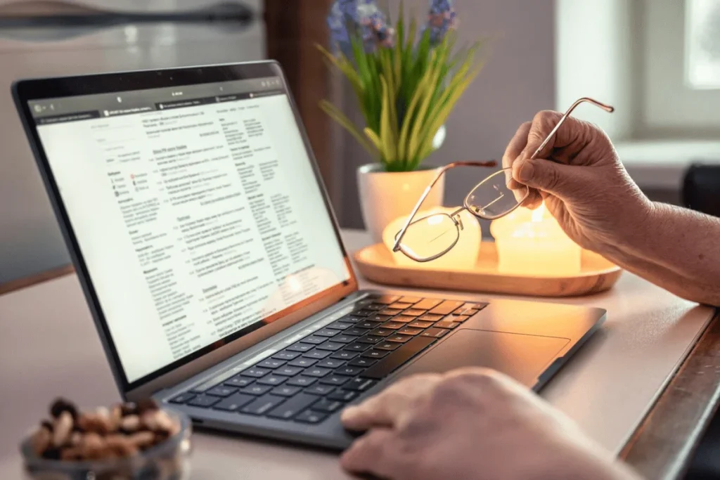 Close-up of hand with glasses over a laptop with text on screen.