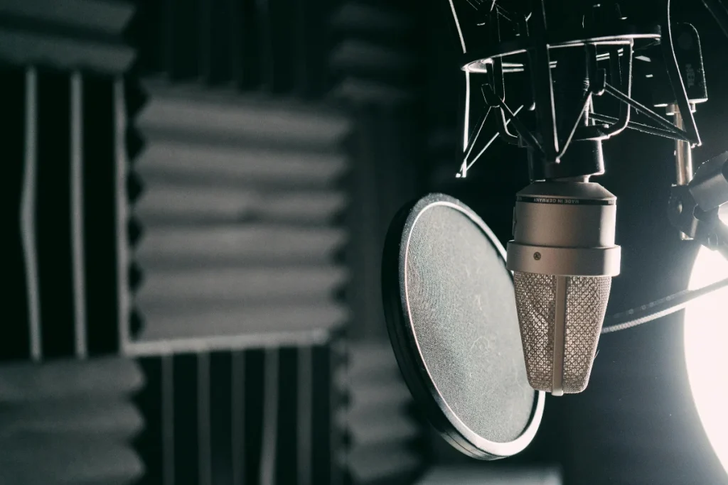 Close-up of condenser microphone and pop filter inside an acoustic-treated recording studio.