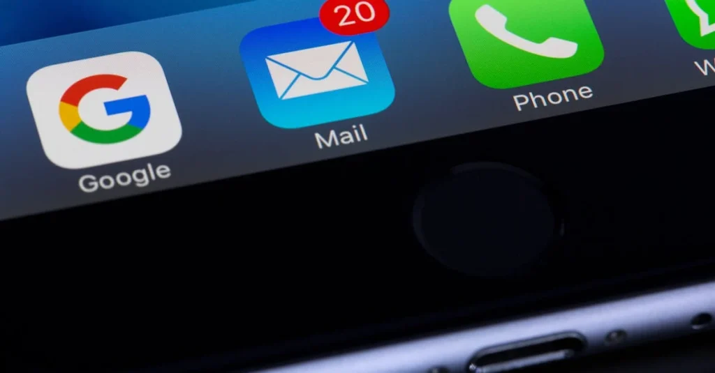 iPhone screen showing Google, Mail with 20 notifications, and Phone apps for Hello Audio personalized podcast feeds.