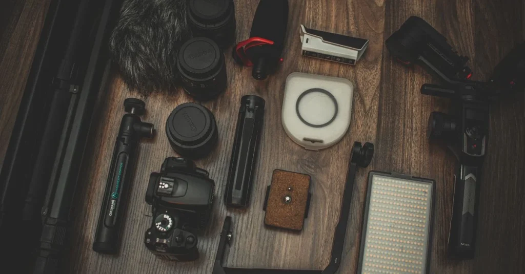 Flat lay of remote podcast recording equipment including microphone, camera, lenses, tripod, and audio accessories on wood.
