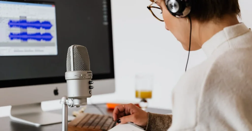 Person wearing headphones at desktop microphone recording podcast, studio monitor displaying audio waveforms.