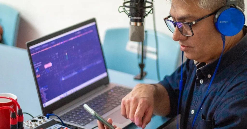 Man with headphones using podcast hosting comparison software and mixing equipment in recording studio.