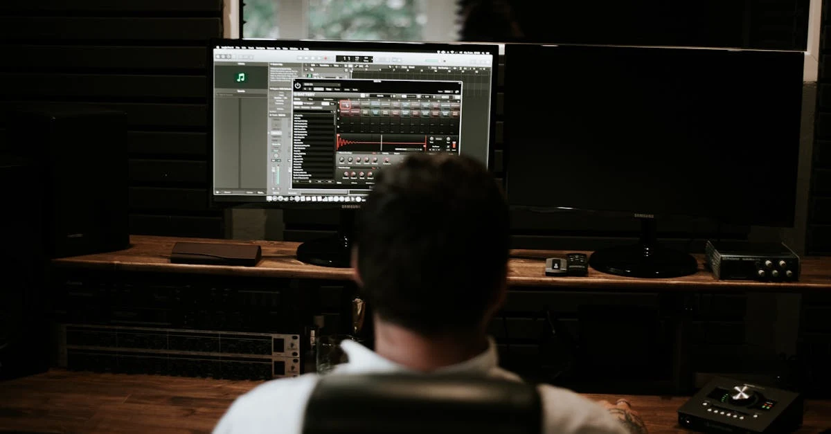 Producer editing podcast audio at computer workstation, showing equipment and software setup for podcast production costs.