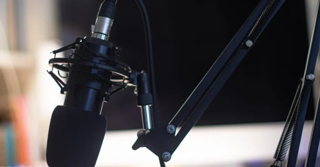 Professional condenser microphone mounted on adjustable boom arm for podcast hosting alternatives setup.