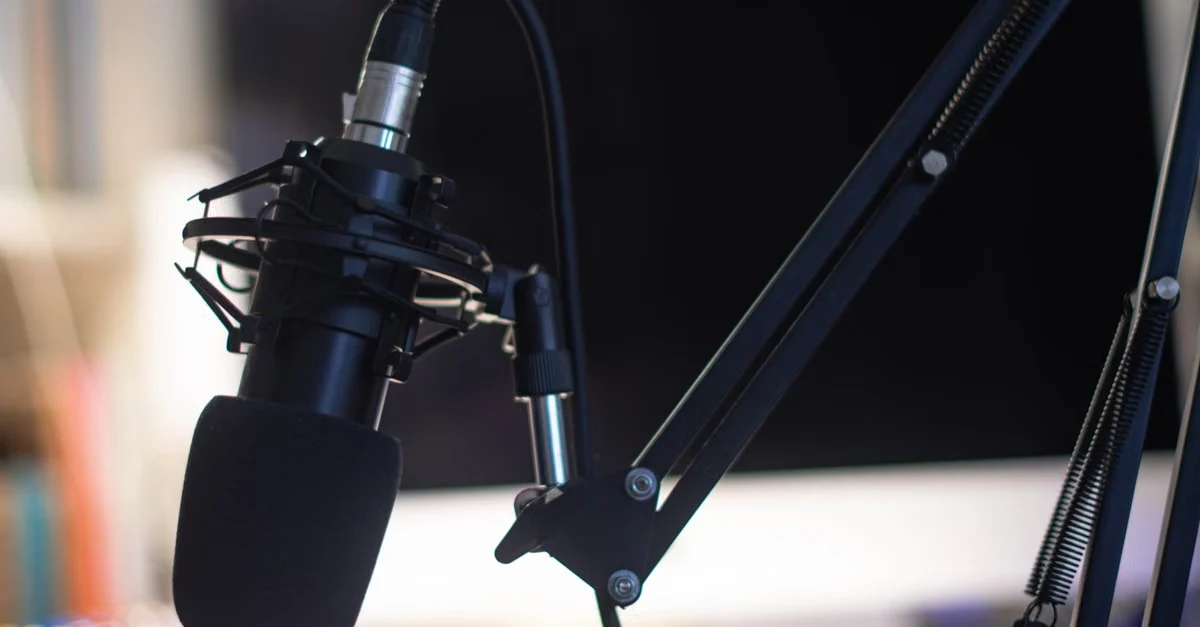 Professional condenser microphone mounted on adjustable boom arm for podcast hosting alternatives setup.
