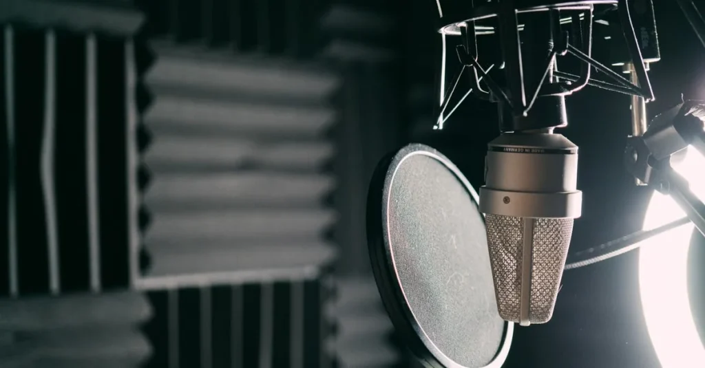 Professional podcast microphone with pop filter in recording studio setup with acoustic treatment.