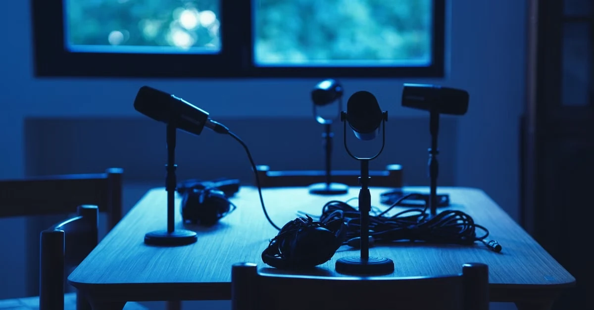 Professional microphones and recording equipment on studio desk with blue lighting for private podcast platform setup.