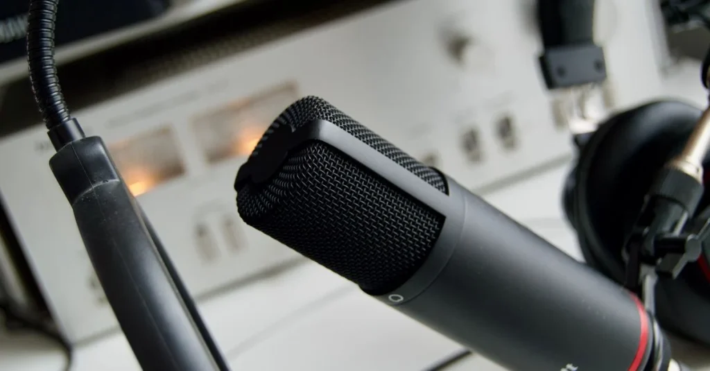 Close-up of a black studio microphone angled across an audio mixing console, with knobs, cables, and controls softly blurred in the background; a focused, professional mood.